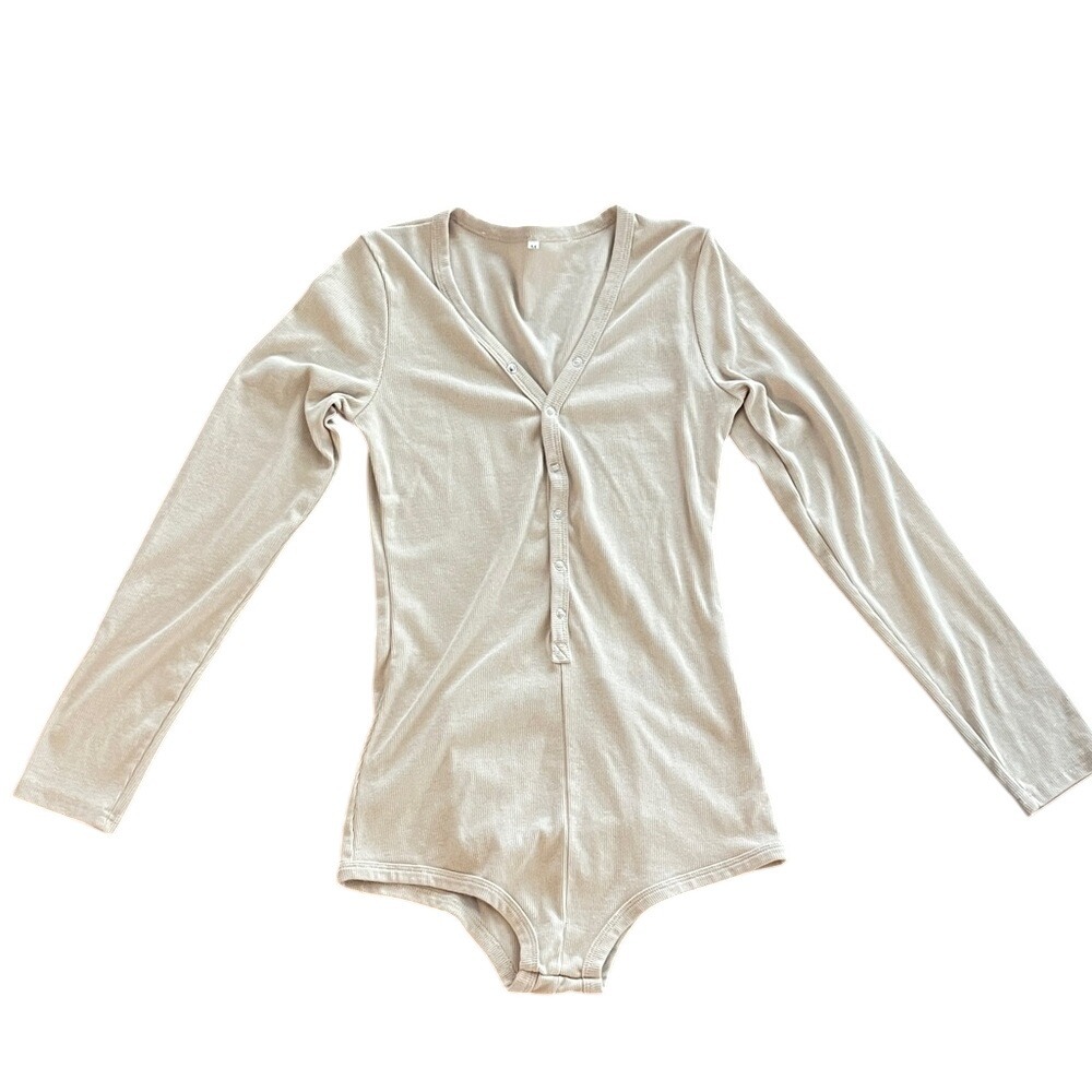 Beige Women's Long Sleeve Bodysuit Onesie Loungewear Medium